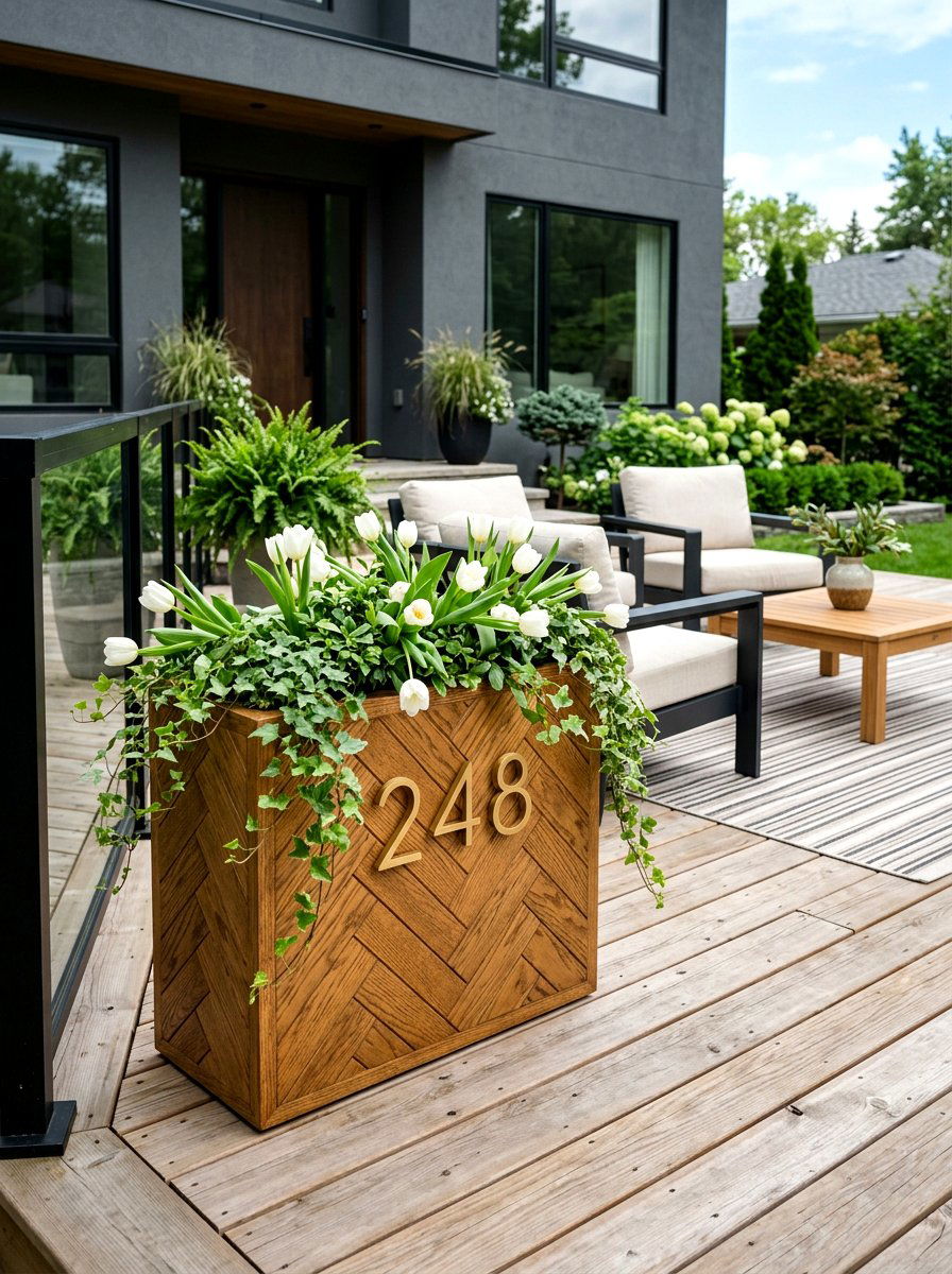 Herringbone Pattern Wood House Number Box - 25 Spring Address Planter Ideas