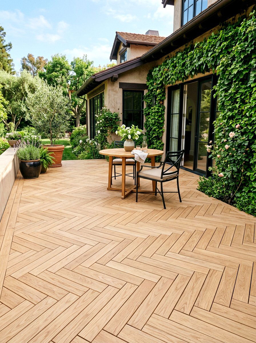 Herringbone wood deck tiles - 25 Spring Balcony Floor Decor Ideas