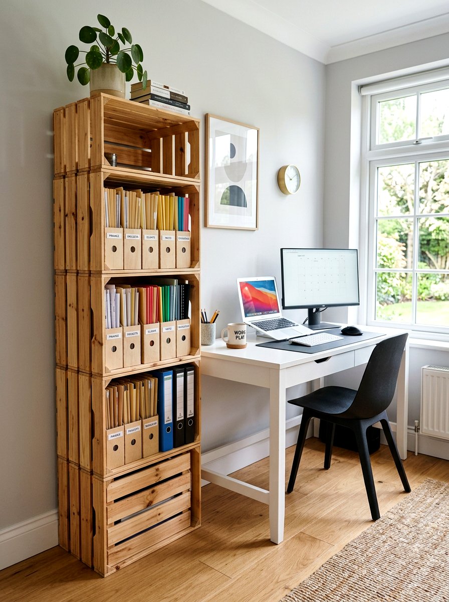 Home Office Crate Shelf - 25 Spring Vintage Crate Decor Ideas