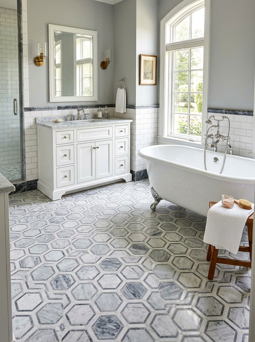 Honeycomb Marble Tile Floor - 25 Spring Bathroom Decor Ideas