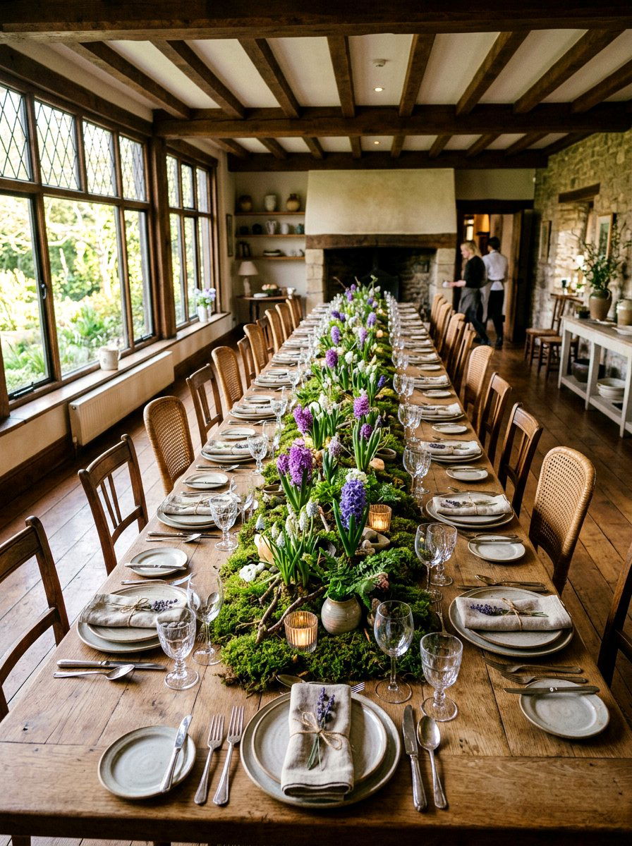 Hyacinth And Moss Table Runner - 25 Spring Hyacinth Arrangement Ideas