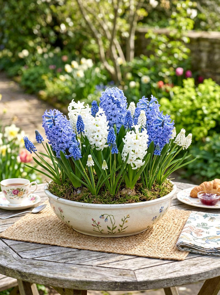Hyacinth And Muscari Bulb Bowl - 25 Spring Planter Decorating Ideas