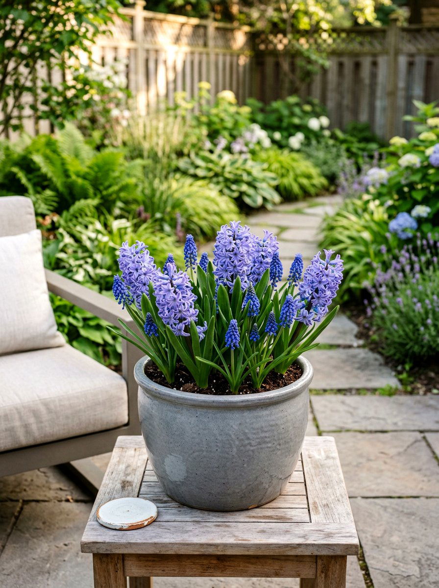 Hyacinth and Muscari - 25 Spring Flower Pot Ideas