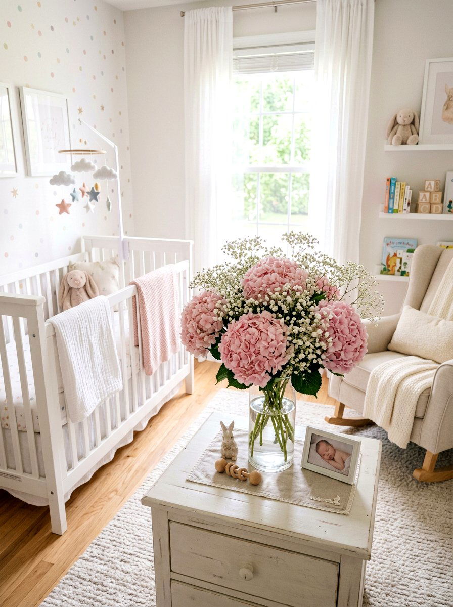 Hydrangea And Baby Breath Arrangement - 25 Spring Hydrangea Centerpiece Ideas