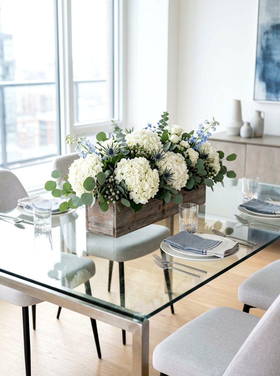 Hydrangea And Eucalyptus Centerpiece - 25 Spring Hydrangea Centerpiece Ideas