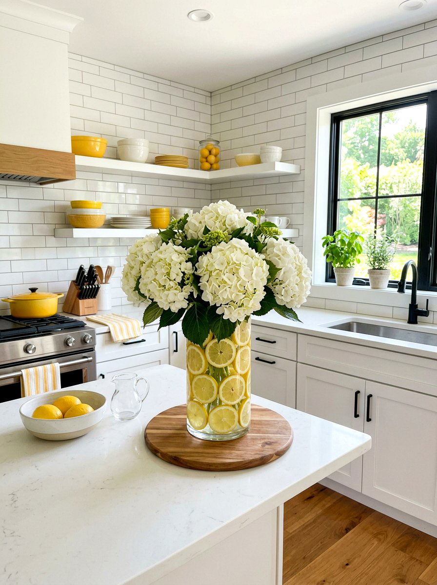Hydrangea And Lemon Centerpiece - 25 Spring Hydrangea Centerpiece Ideas