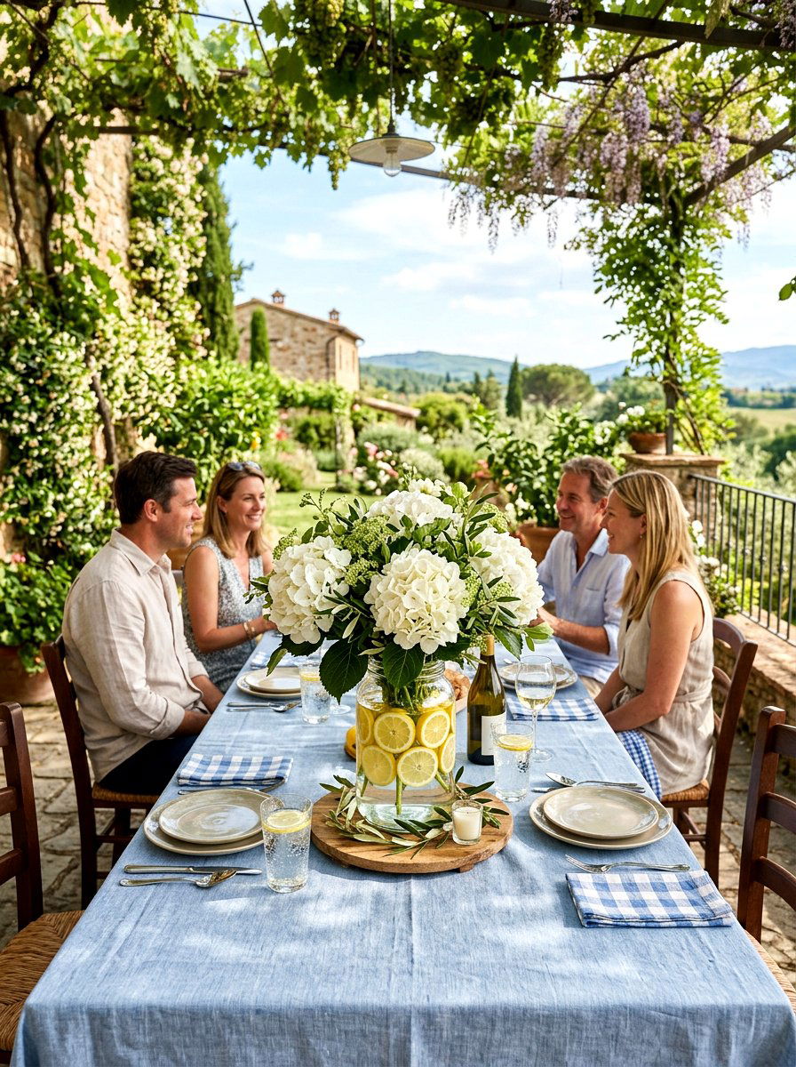 Hydrangea And Lemon Glass Jar - 25 Spring Floral Centerpiece Ideas