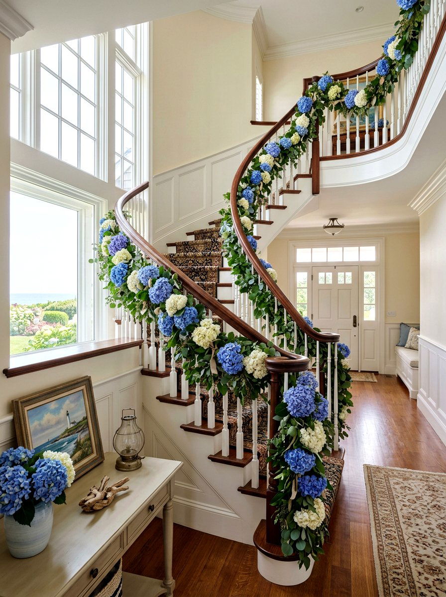 Hydrangea Banister Decor - 25 Spring Banister Garland Ideas