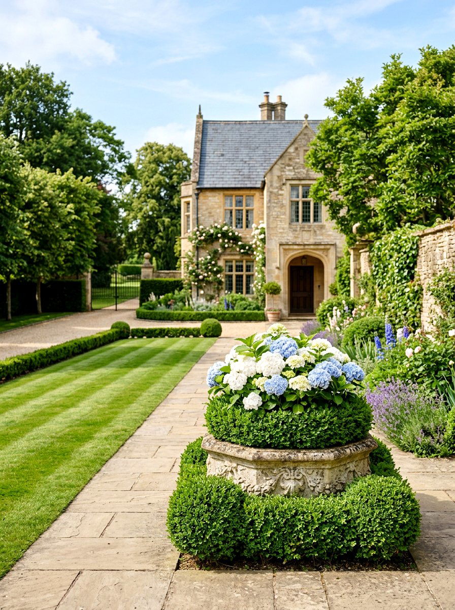 Hydrangea Boxwood Formal Planter - 25 Spring Hydrangea Planter Ideas