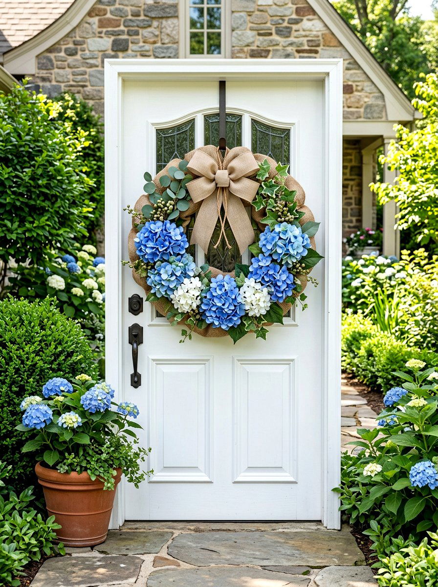 Hydrangea Burlap Wreath - 25 Spring Burlap Wreath Ideas