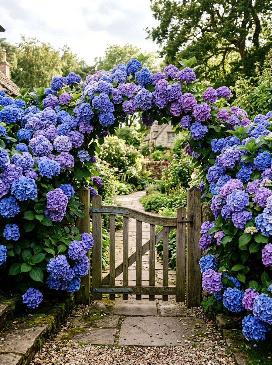 Hydrangea Bush Near Garden Gate - 25 Spring Front Gate Decor Ideas
