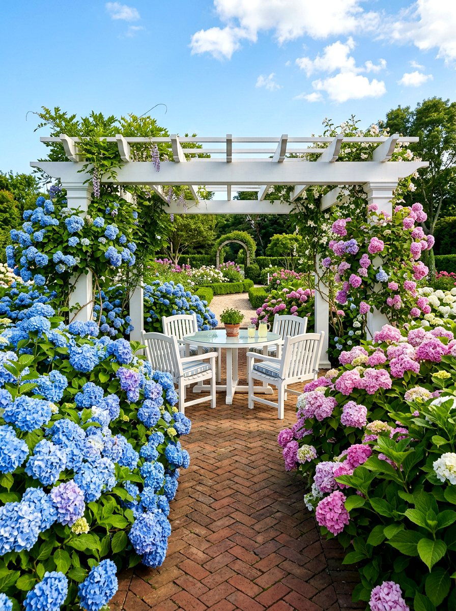 Hydrangea Bushes - 25 Spring Pergola Decor Ideas
