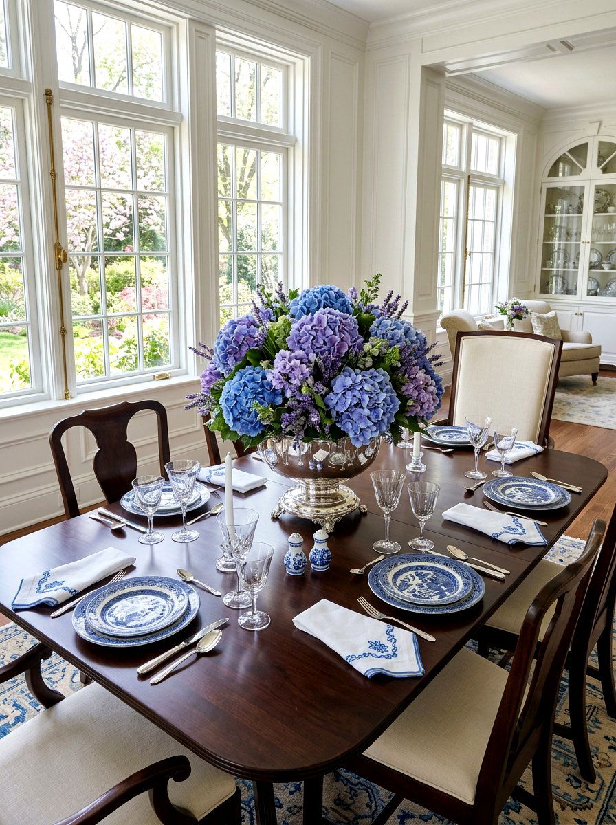 Hydrangea Centerpiece Table - 25 Spring Preppy Decor Ideas
