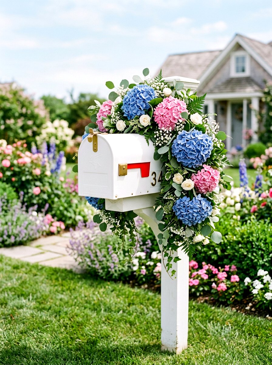 Hydrangea Floral Mailbox Swag - 25 Spring Mailbox Topper Ideas