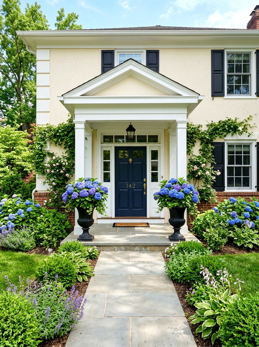Hydrangea Front Door Symmetrical Planter - 25 Spring Hydrangea Planter Ideas