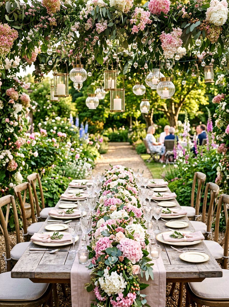 Hydrangea Garland Table Setting - 25 Spring Hydrangea Centerpiece Ideas