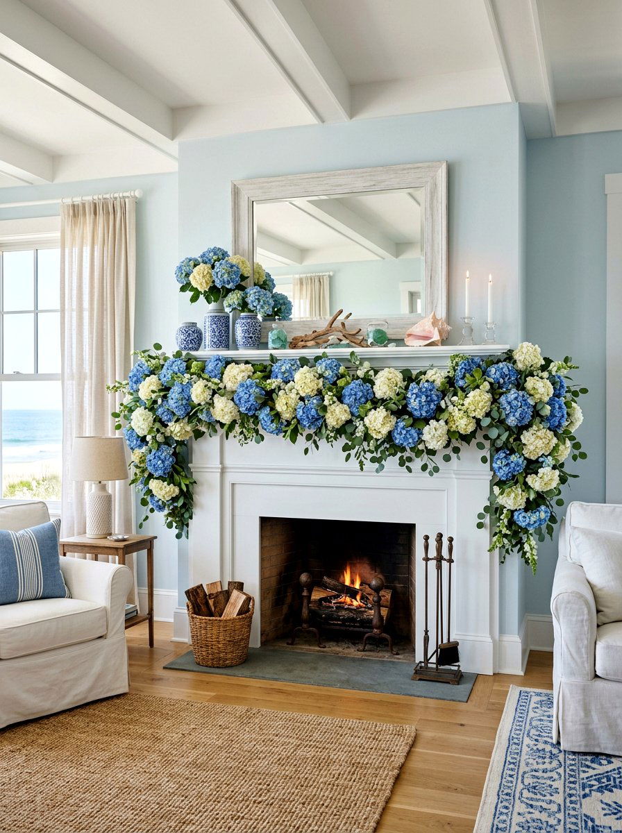 Hydrangea Garland - 25 Spring Mantel Garland Ideas