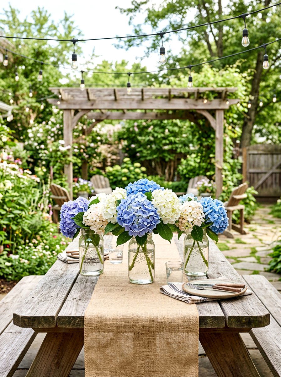 Hydrangea In Mason Jars - 25 Spring Hydrangea Centerpiece Ideas
