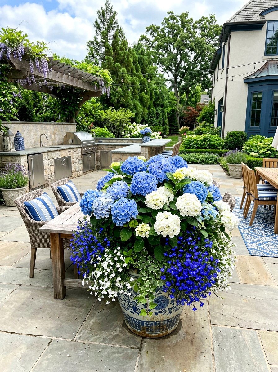Hydrangea Lobelia Mixed Planter - 25 Spring Hydrangea Planter Ideas