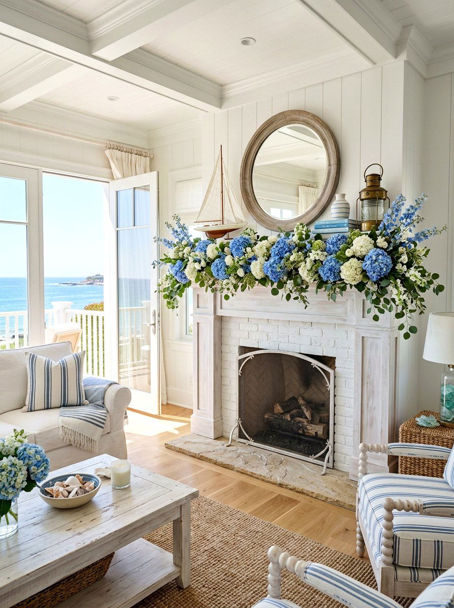 Hydrangea Mantel - 25 Spring Garland Ideas for Mantel