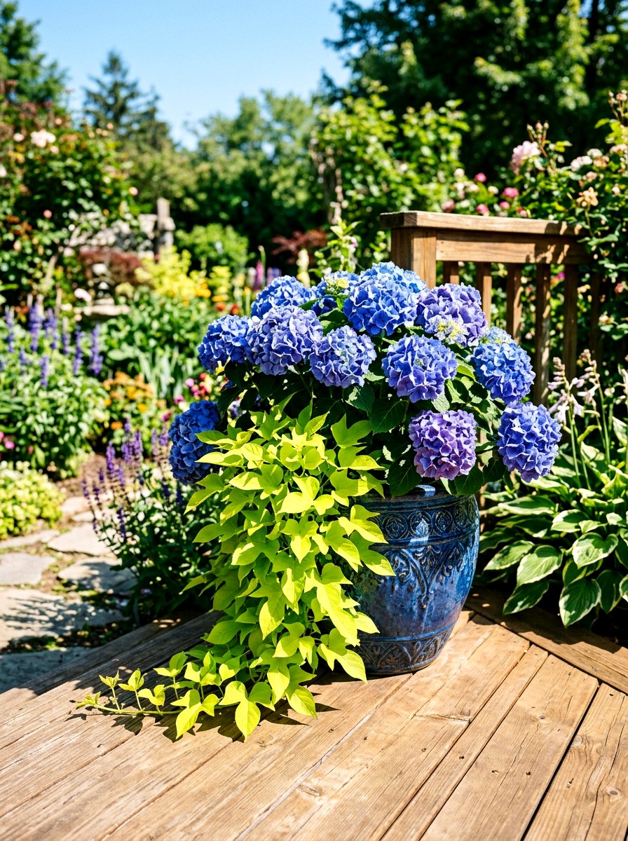 Hydrangea Sweet Potato Vine Pot - 25 Spring Hydrangea Planter Ideas