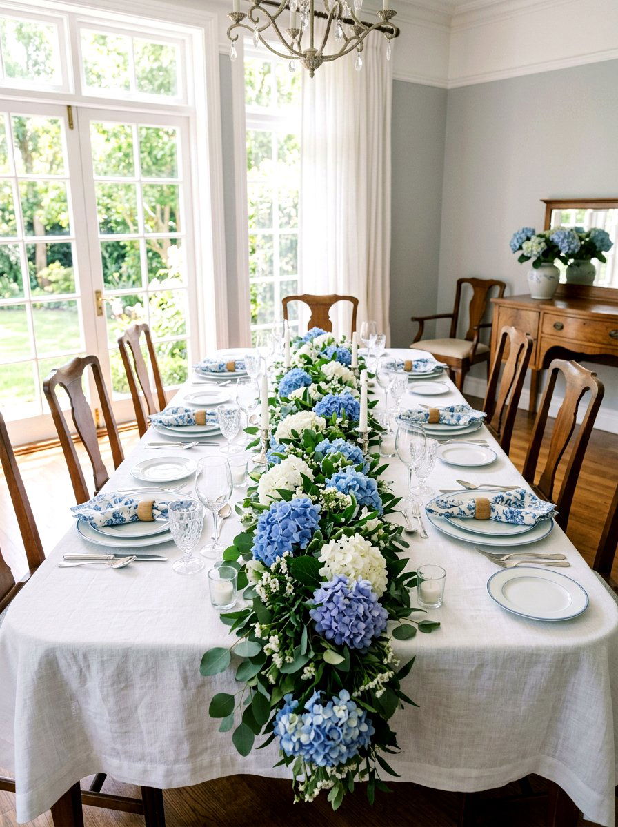 Hydrangea Table Runner - 25 Spring Floral Arrangement Ideas