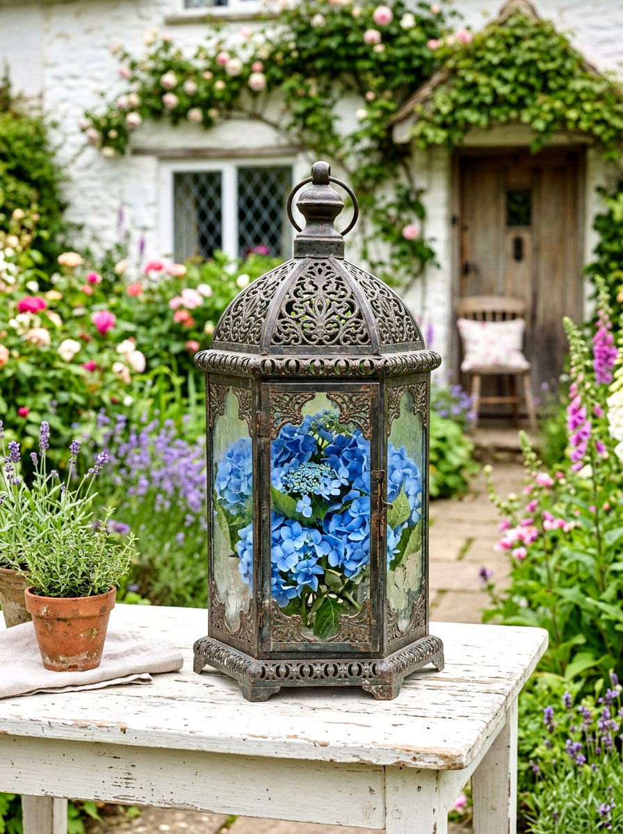 Hydrangea Vintage Lantern - 25 Spring Lantern Decor Ideas
