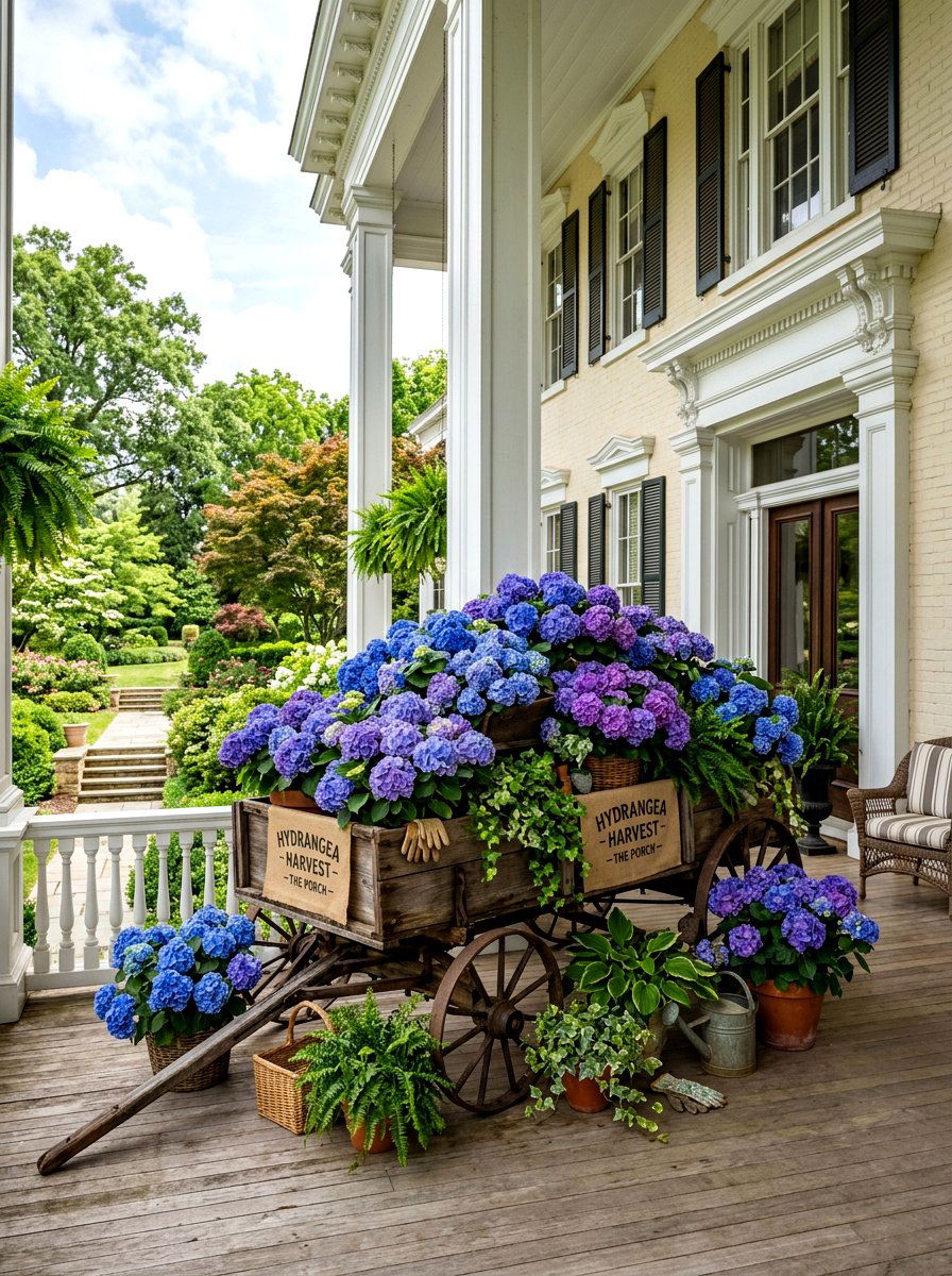 Hydrangea Wagon Display - 25 Spring Porch Wagon Decor Ideas