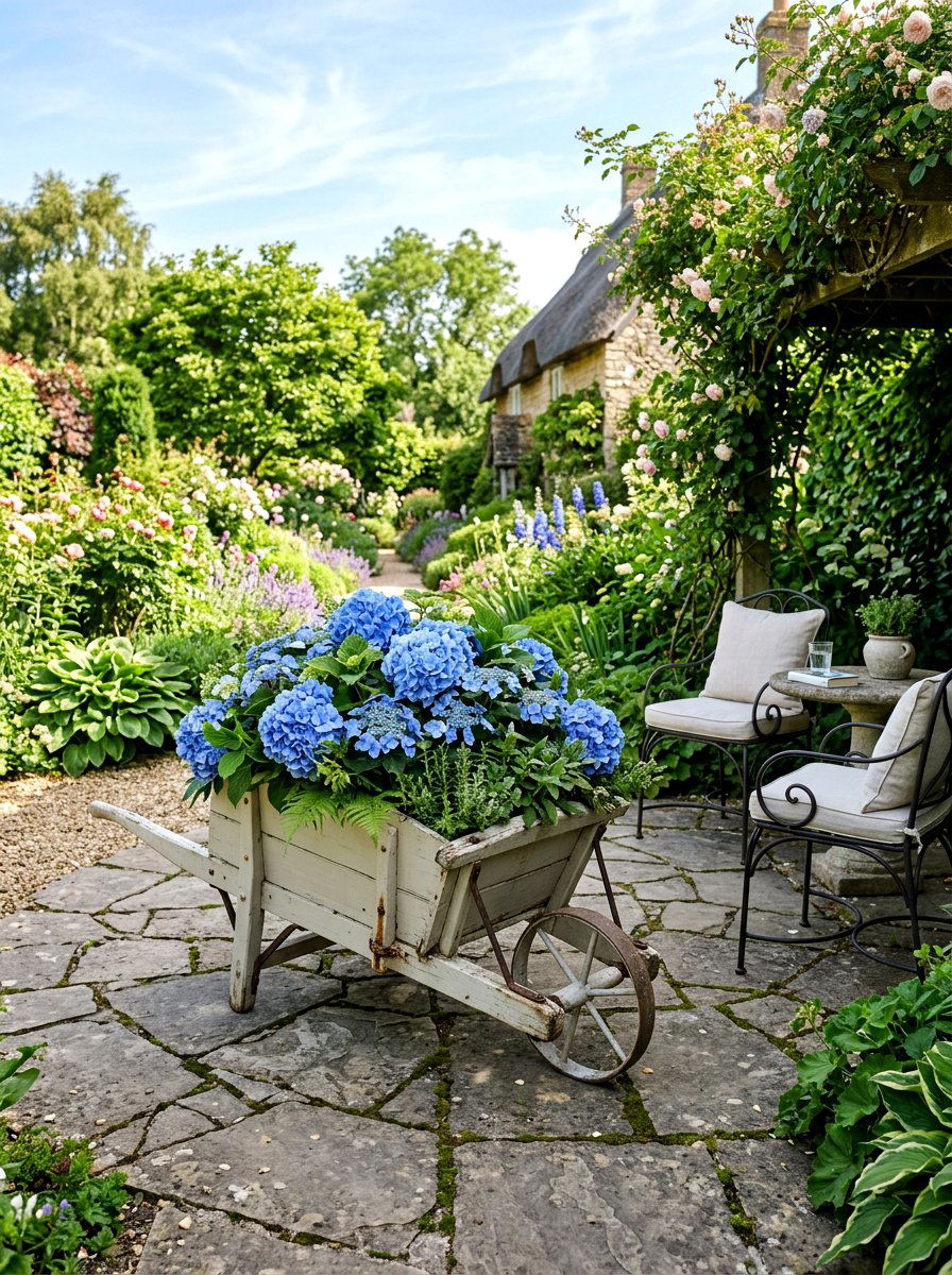 Hydrangea Wheelbarrow Display - 25 Spring Wheelbarrow Decor Ideas