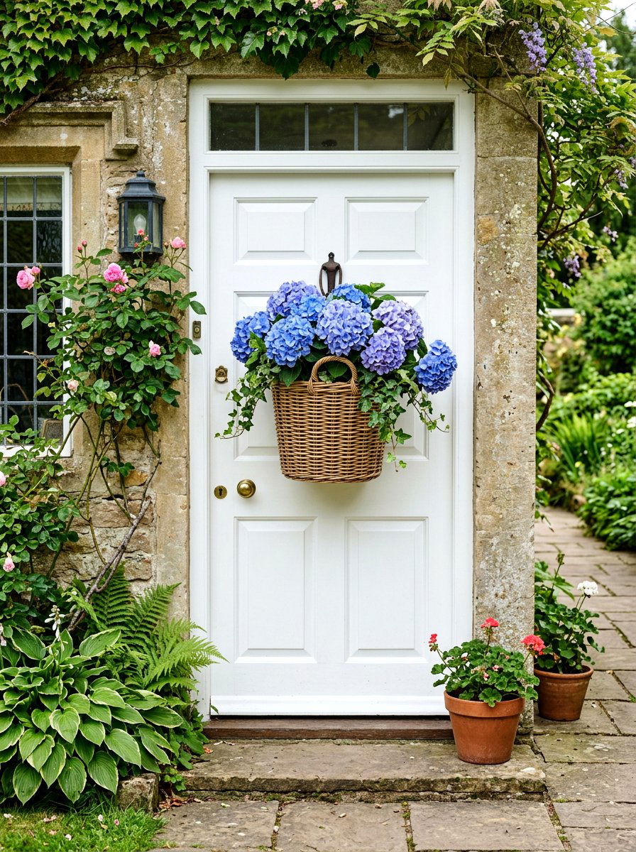 Hydrangea Wicker Basket - 25 Spring DIY Door Basket Ideas