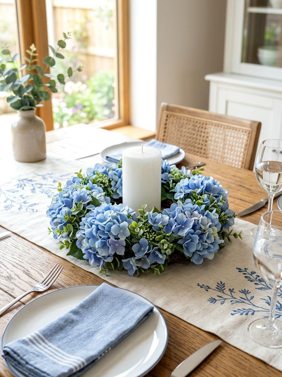 Hydrangea Wreath Candle Ring - 25 Spring Hydrangea Wreath Ideas
