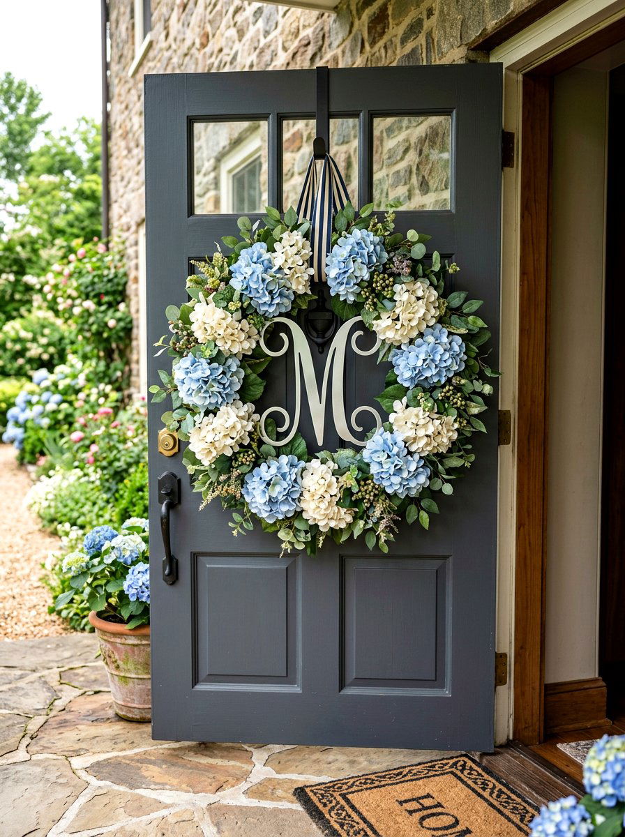 Hydrangea Wreath With Letter - 25 Spring Monogram Wreath Ideas
