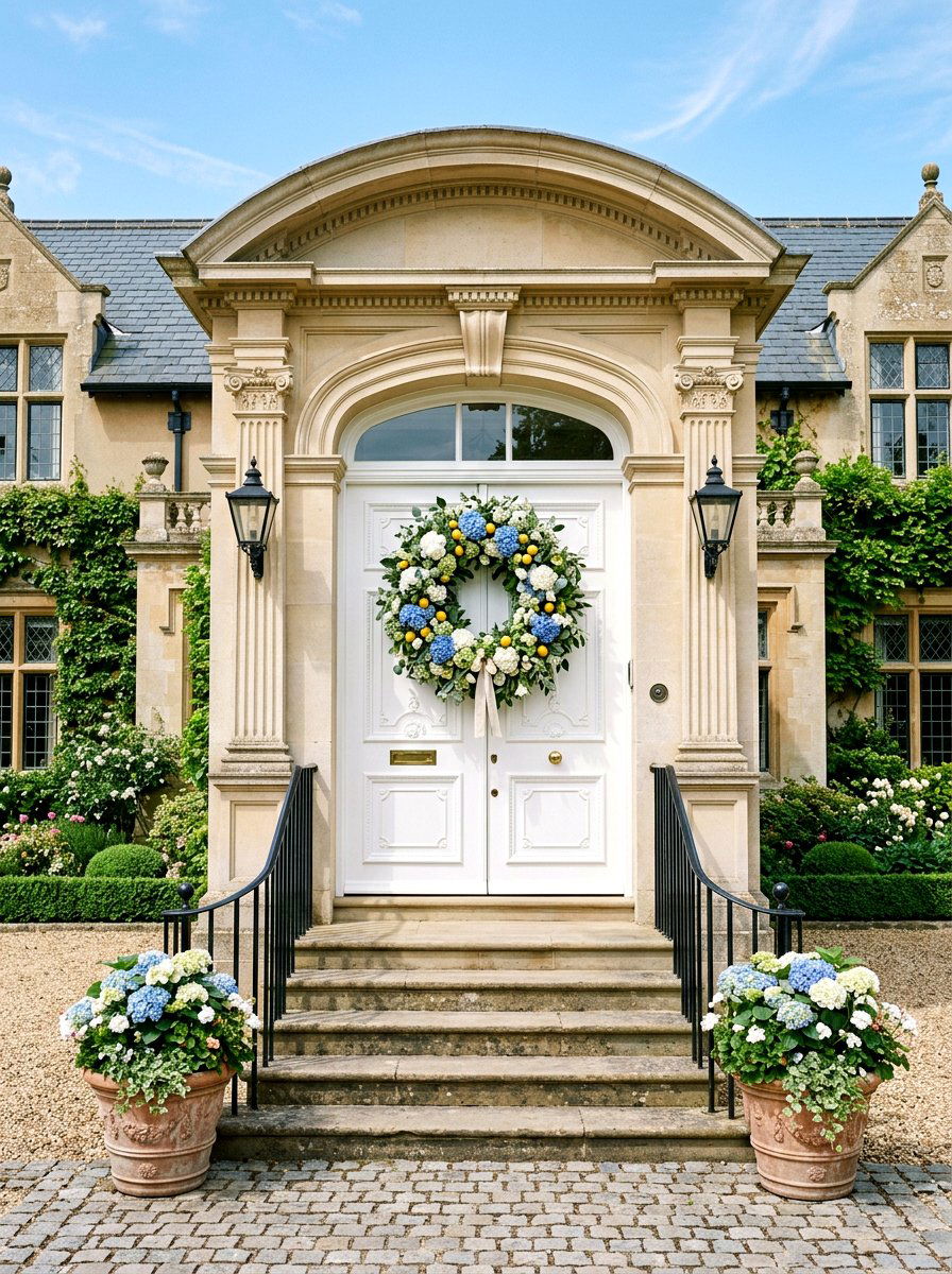 Hydrangea and lemon wreath - 25 Spring Lemon Wreath Ideas