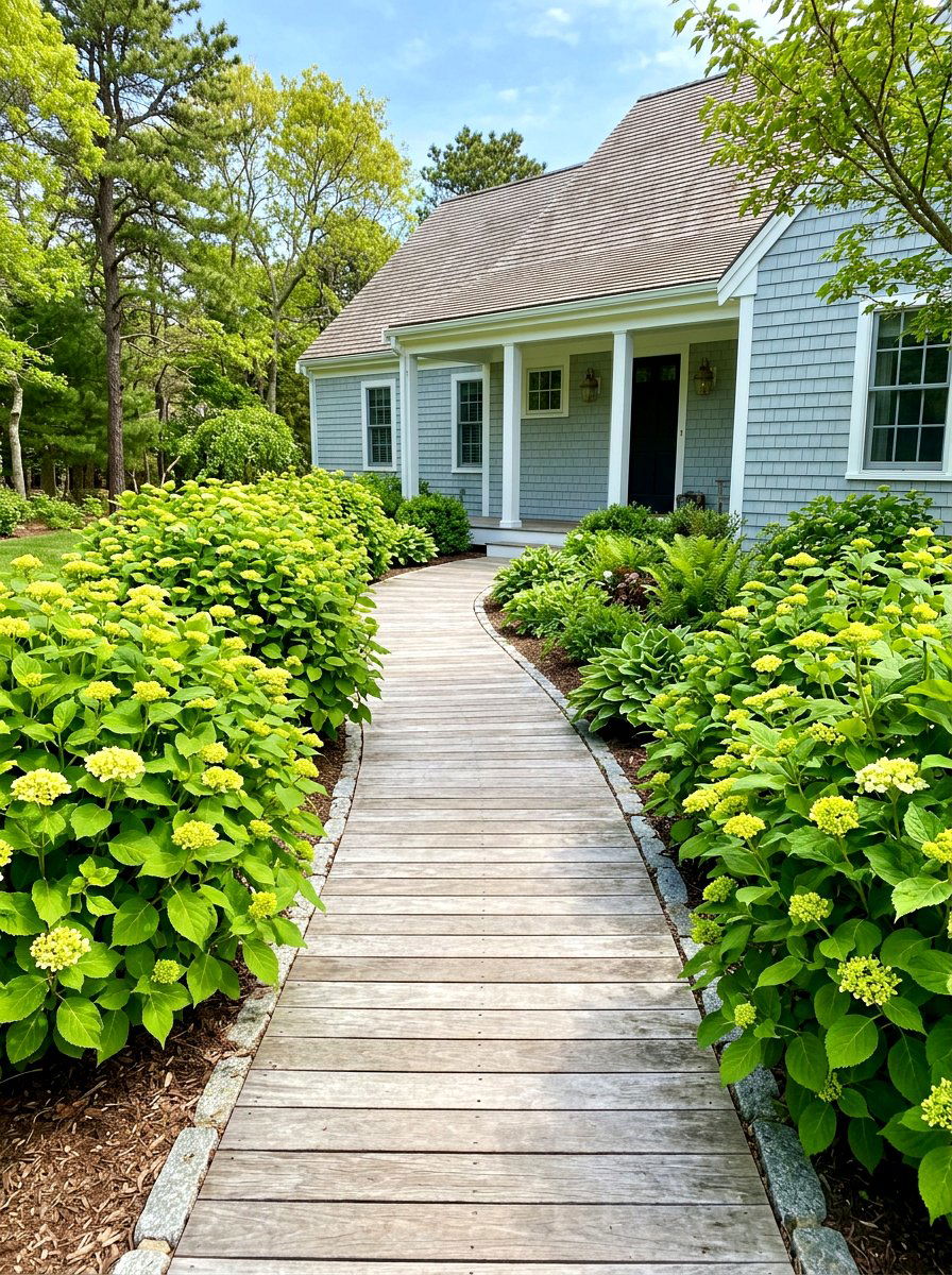 Hydrangea bordered front walk - 25 Spring Entryway Walkway Ideas