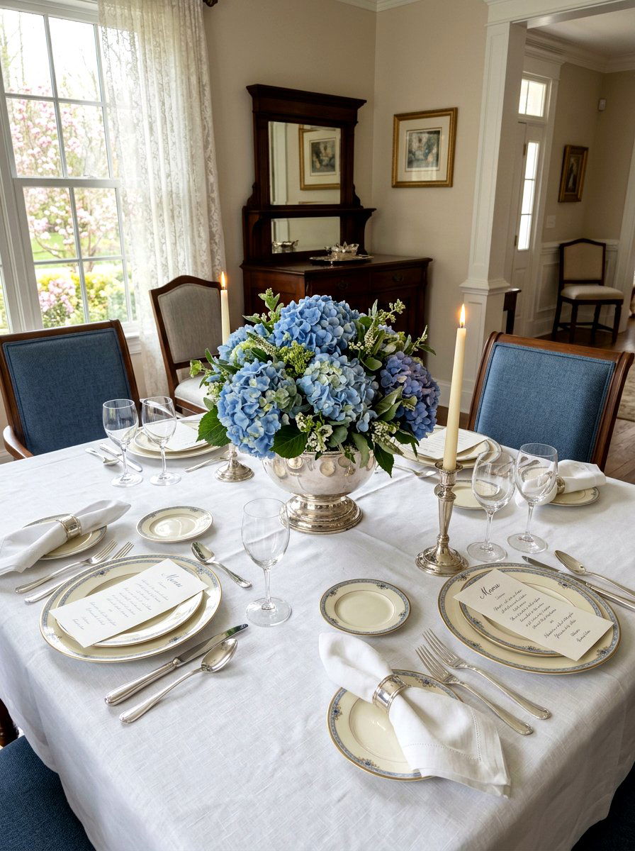 Hydrangea flower arrangement table setting - 25 Spring Grandmillennial Decor Ideas