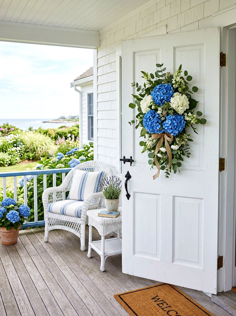 Hydrangea flower door swag - 25 Spring Door Swag Ideas