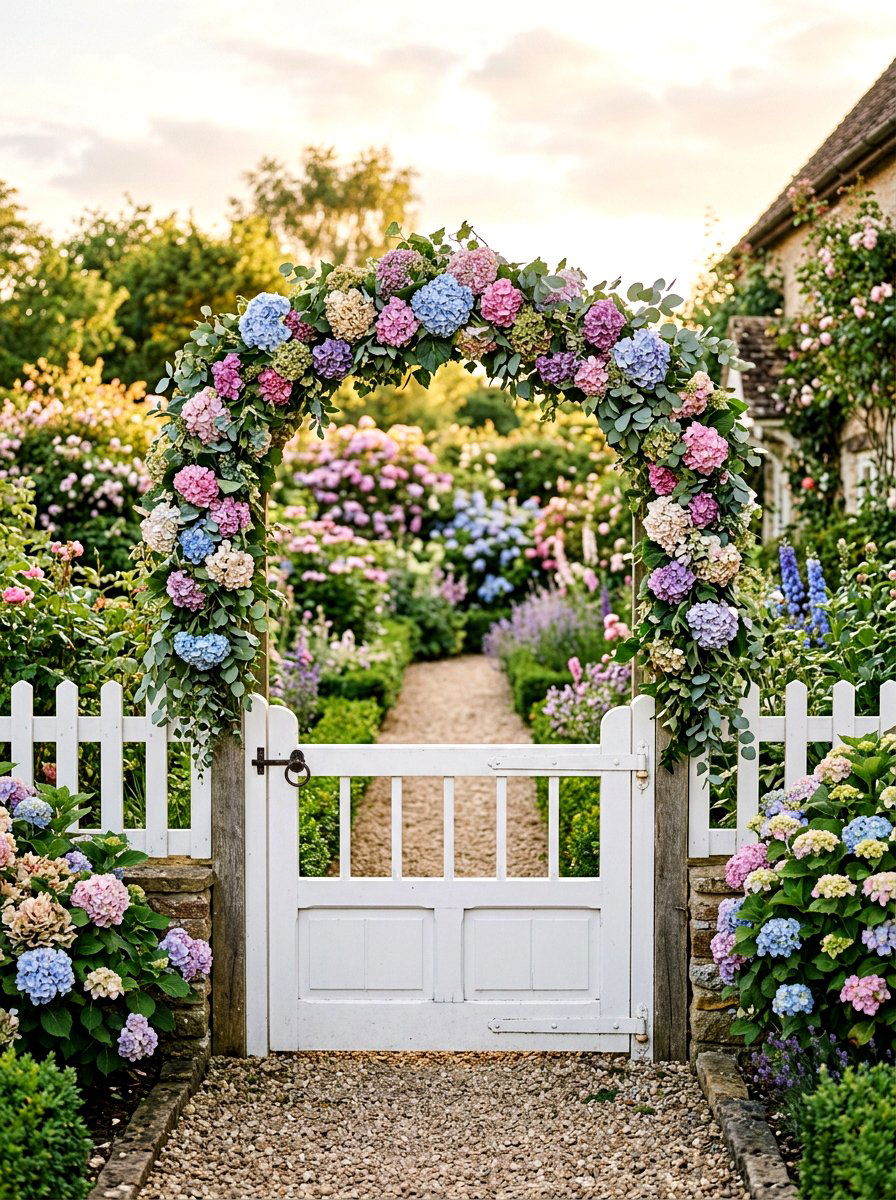 Hydrangea garden gate garland - 25 Spring Flower Garland Ideas