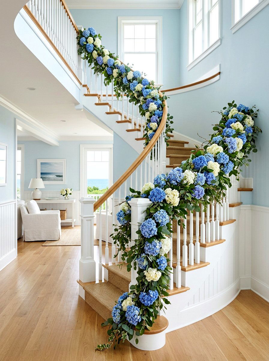 Hydrangea garland - 25 Spring Staircase Garland Ideas