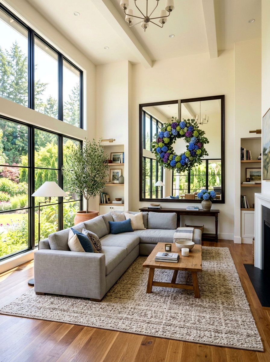 Hydrangea wreath on large mirror - 25 Spring Wreath on Mirror Ideas