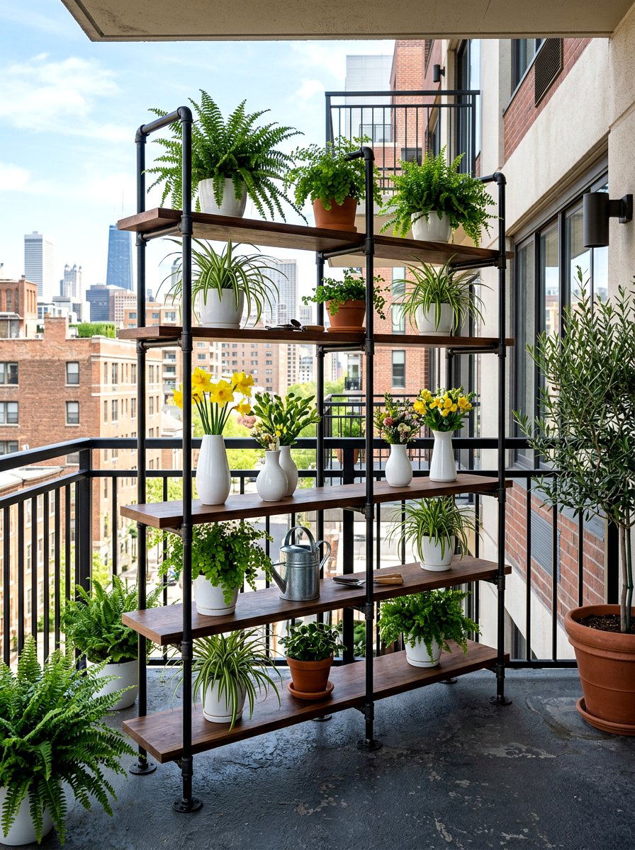 Industrial Pipe Shelving - 25 Spring Outdoor Shelf Decor Ideas