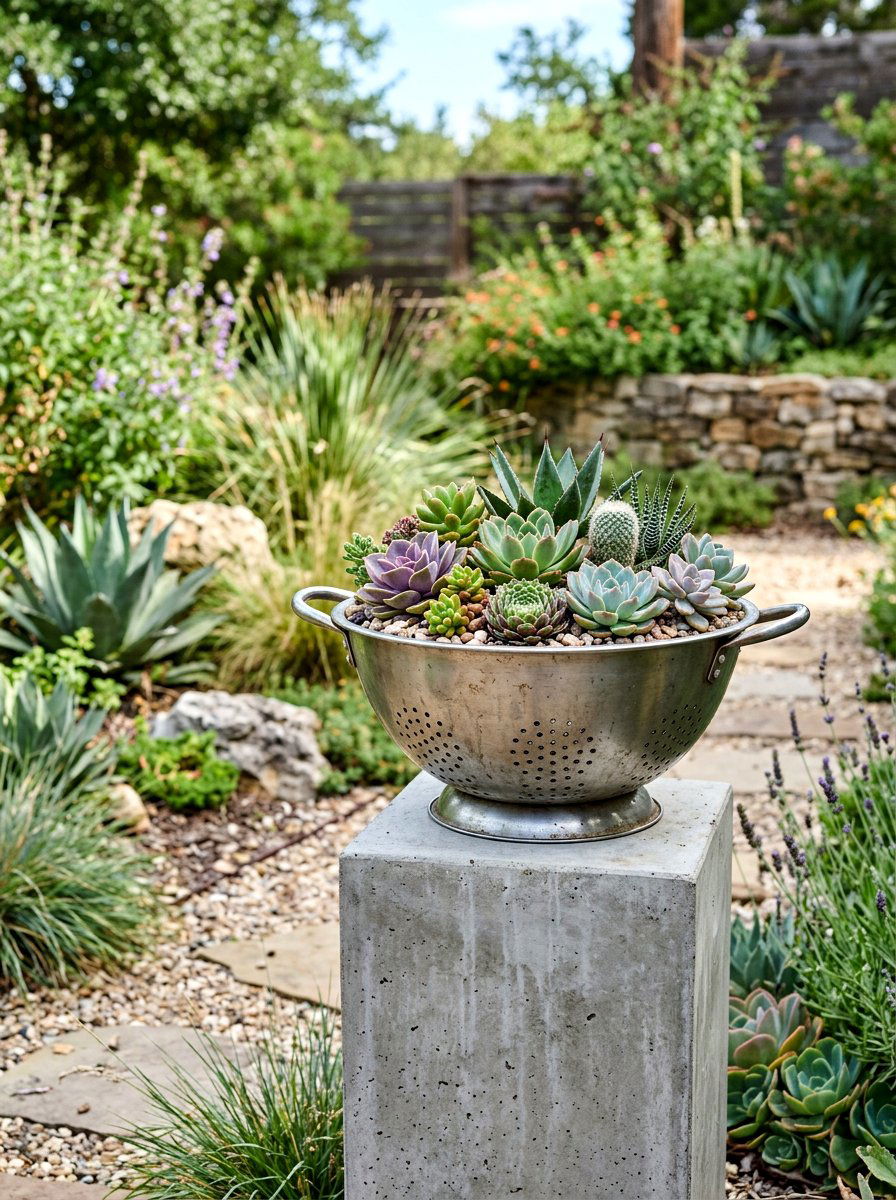 Industrial colander succulent bowl - 25 Spring Colander Planter Ideas