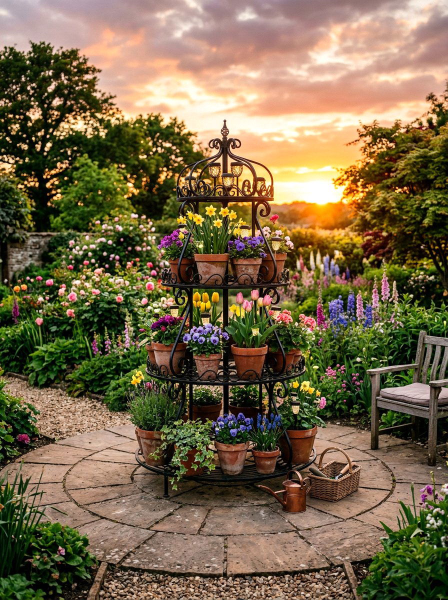 Iron Garden Stand - 25 Spring Outdoor Shelf Decor Ideas