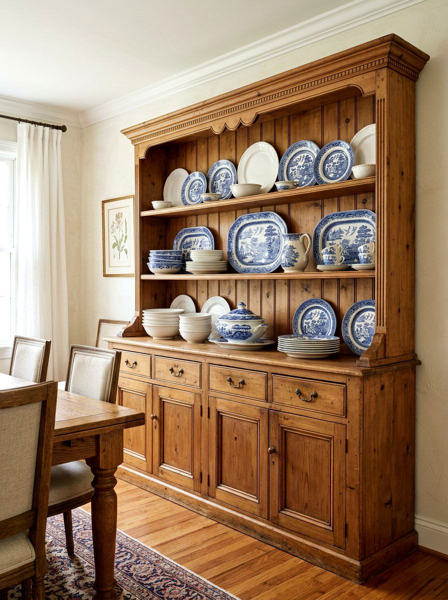 Ironstone and blue transferware display - 25 Spring Ironstone Decor Ideas