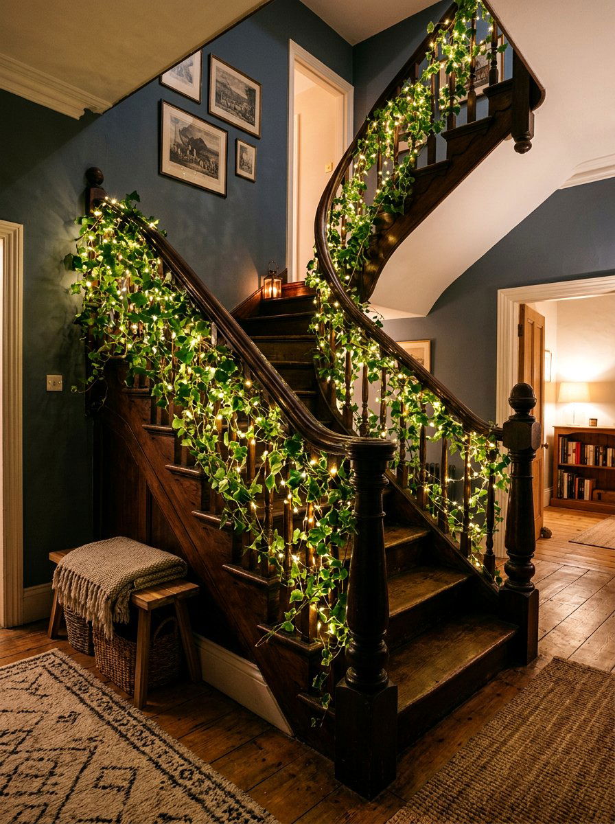 Ivy And Fairy Lights - 25 Spring Stair Railing Decor Ideas