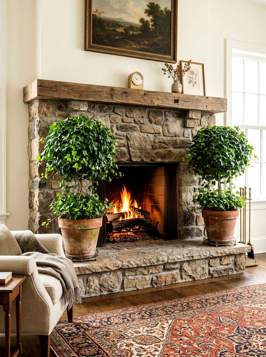 Ivy Topiary Fireplace Hearth - 25 Spring Ivy Topiary Ideas