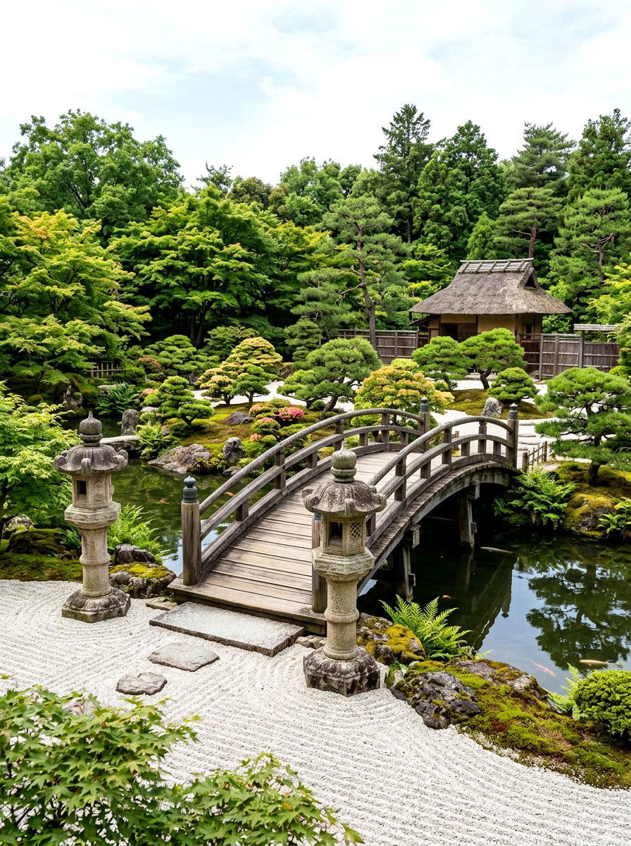 Japanese Zen Garden Bridge Stone Lanterns - 25 Spring Garden Bridge Decor Ideas