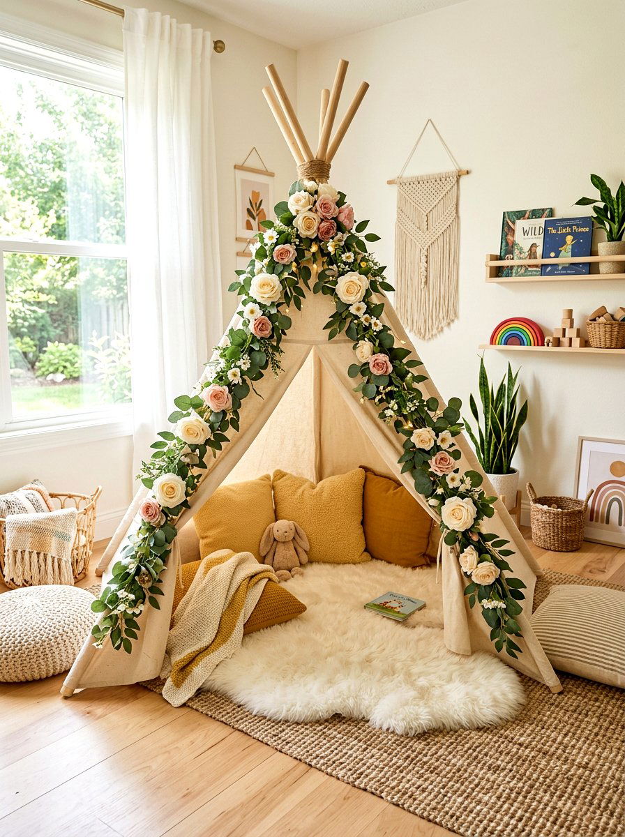 Kids Teepee With Floral Garland - 25 Spring Playroom Decor Ideas