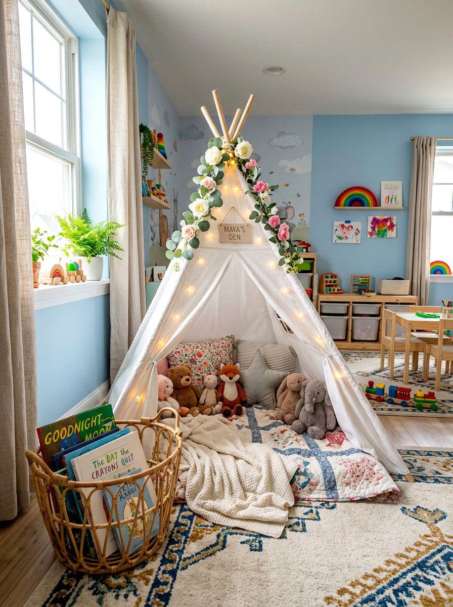 Kids playroom reading teepee - 25 Spring Reading Nook Decor Ideas