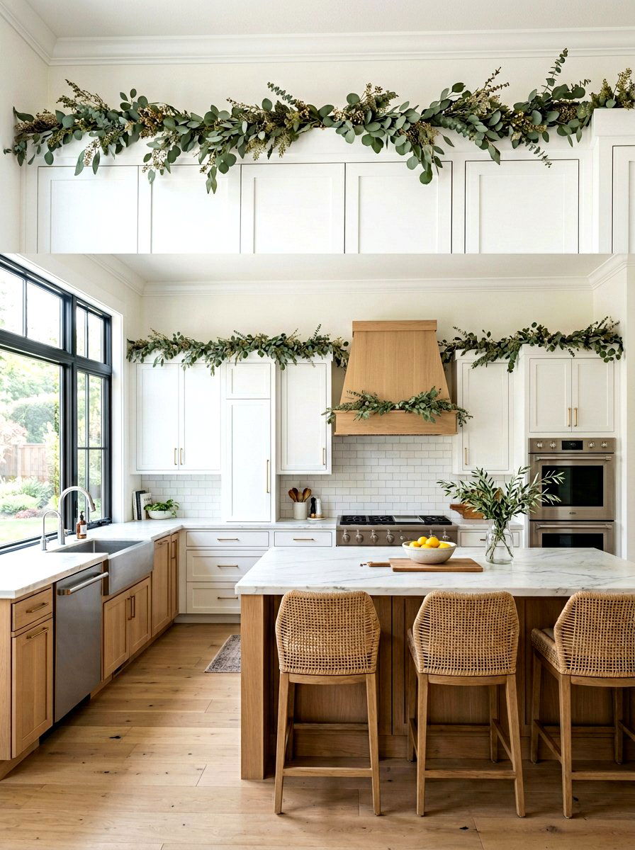 Kitchen Cabinet Top Greenery - 25 Spring Eucalyptus Garland Ideas