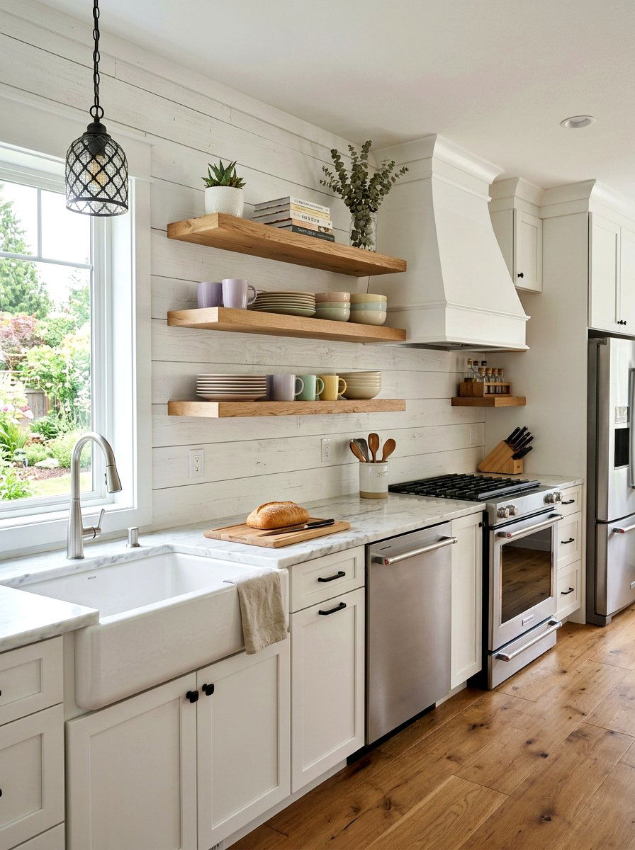 Kitchen Shiplap Backsplash With Floating Shelves - 25 Spring Shiplap Wall Decor Ideas